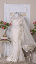 White Organza Saree with Butterfly and Floral Motifs