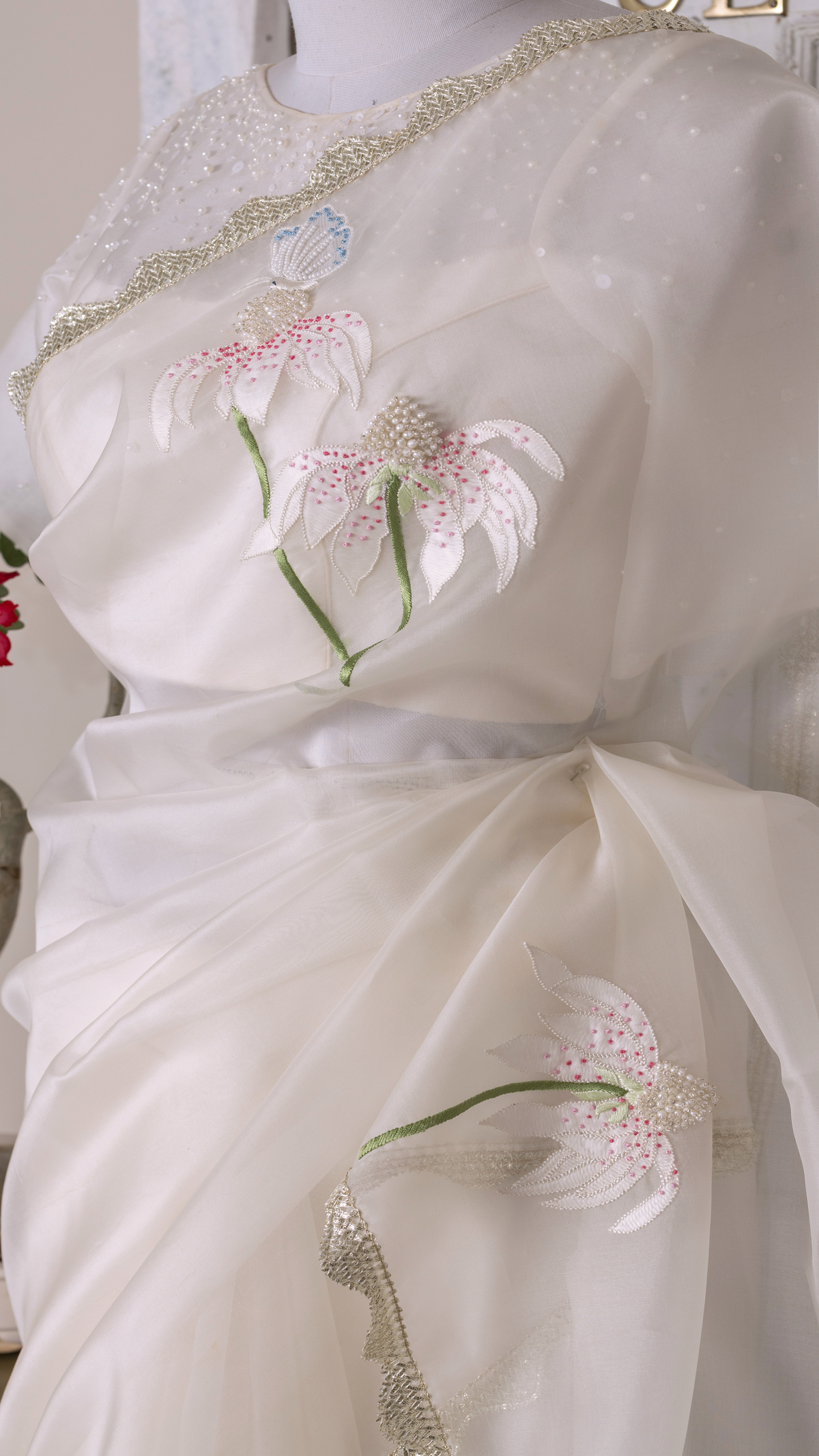 White Organza Saree with Butterfly and Floral Motifs