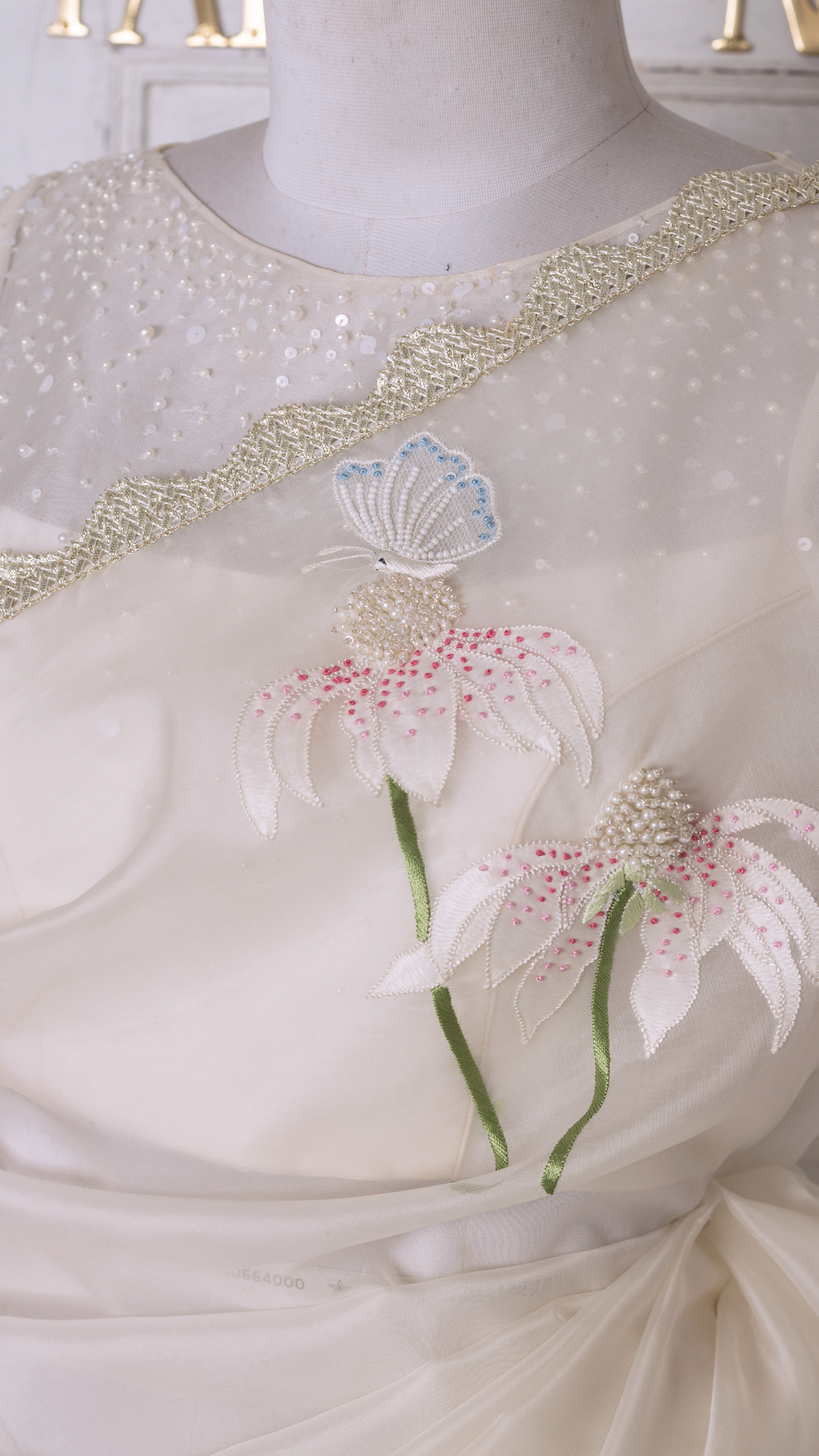 White Organza Saree with Butterfly and Floral Motifs