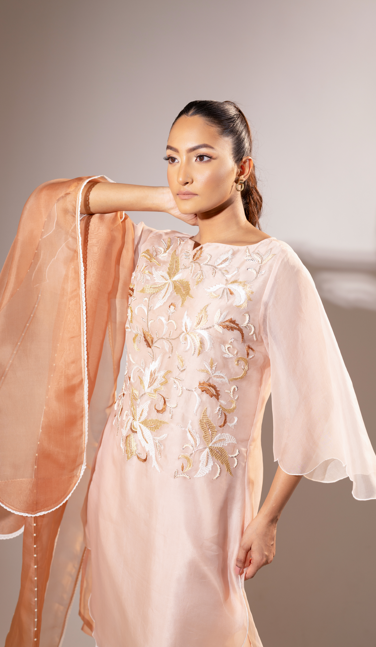 Salmon Organza Suit with Embroidered Yoke