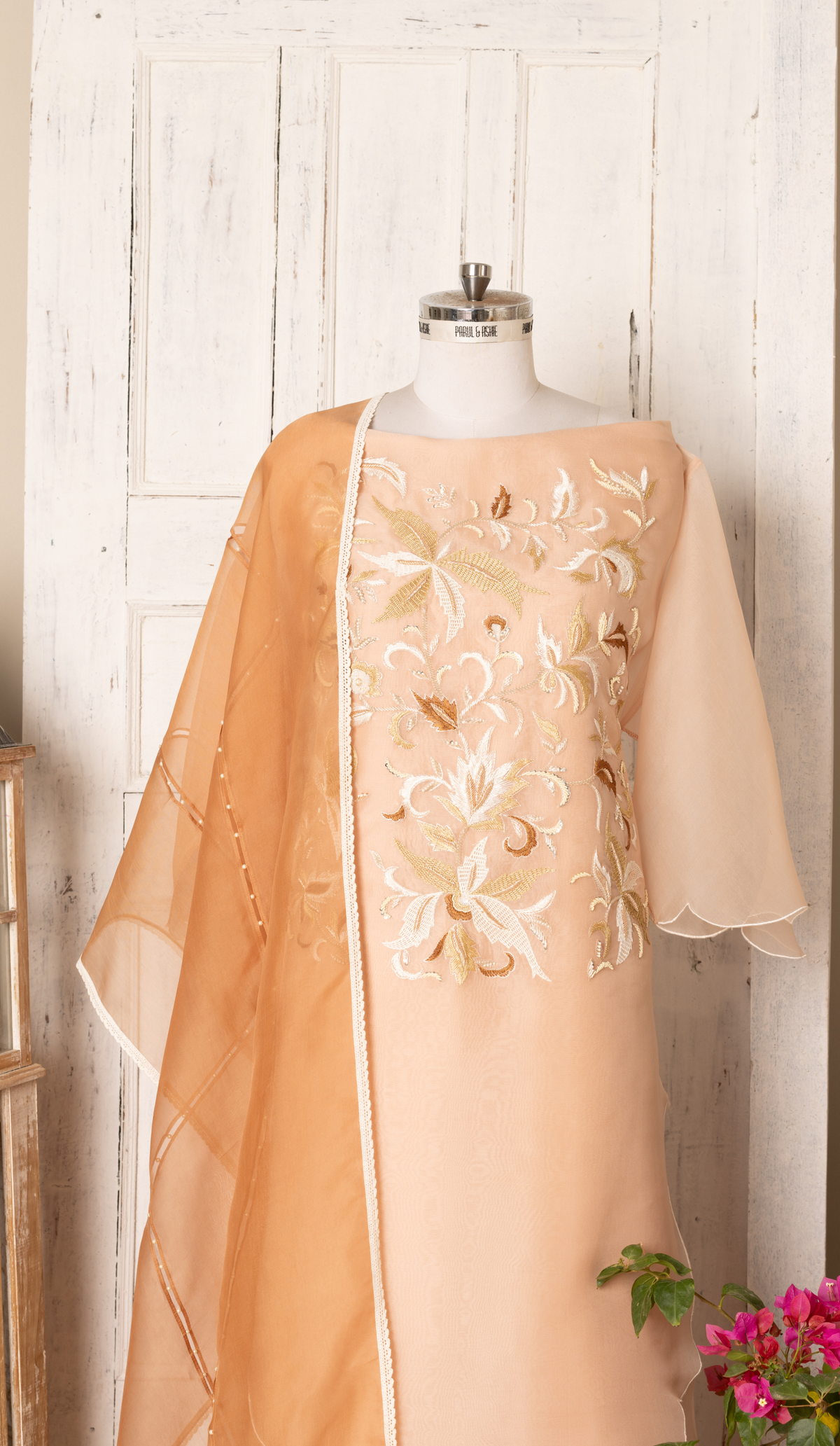 Salmon Organza Suit with Embroidered Yoke