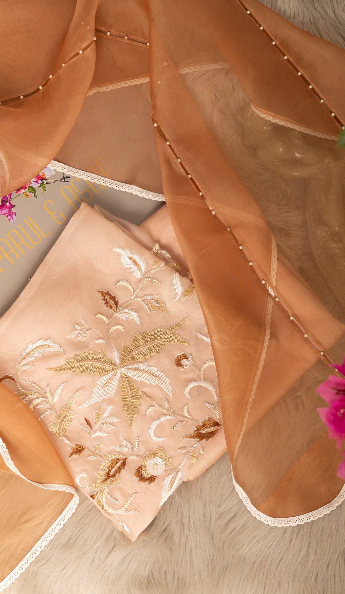 Salmon Organza Suit with Embroidered Yoke