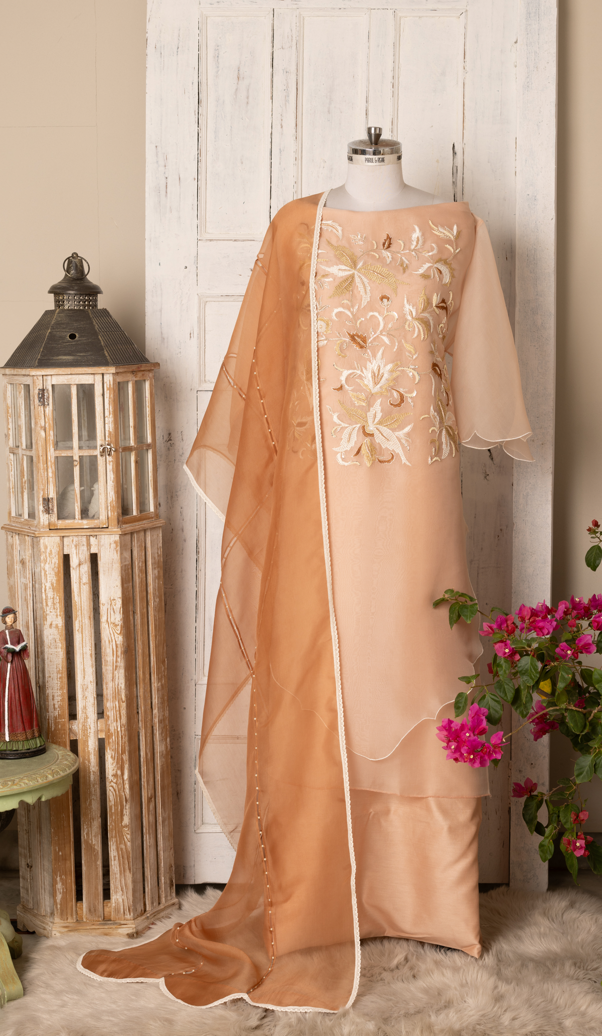 Salmon Organza Suit with Embroidered Yoke