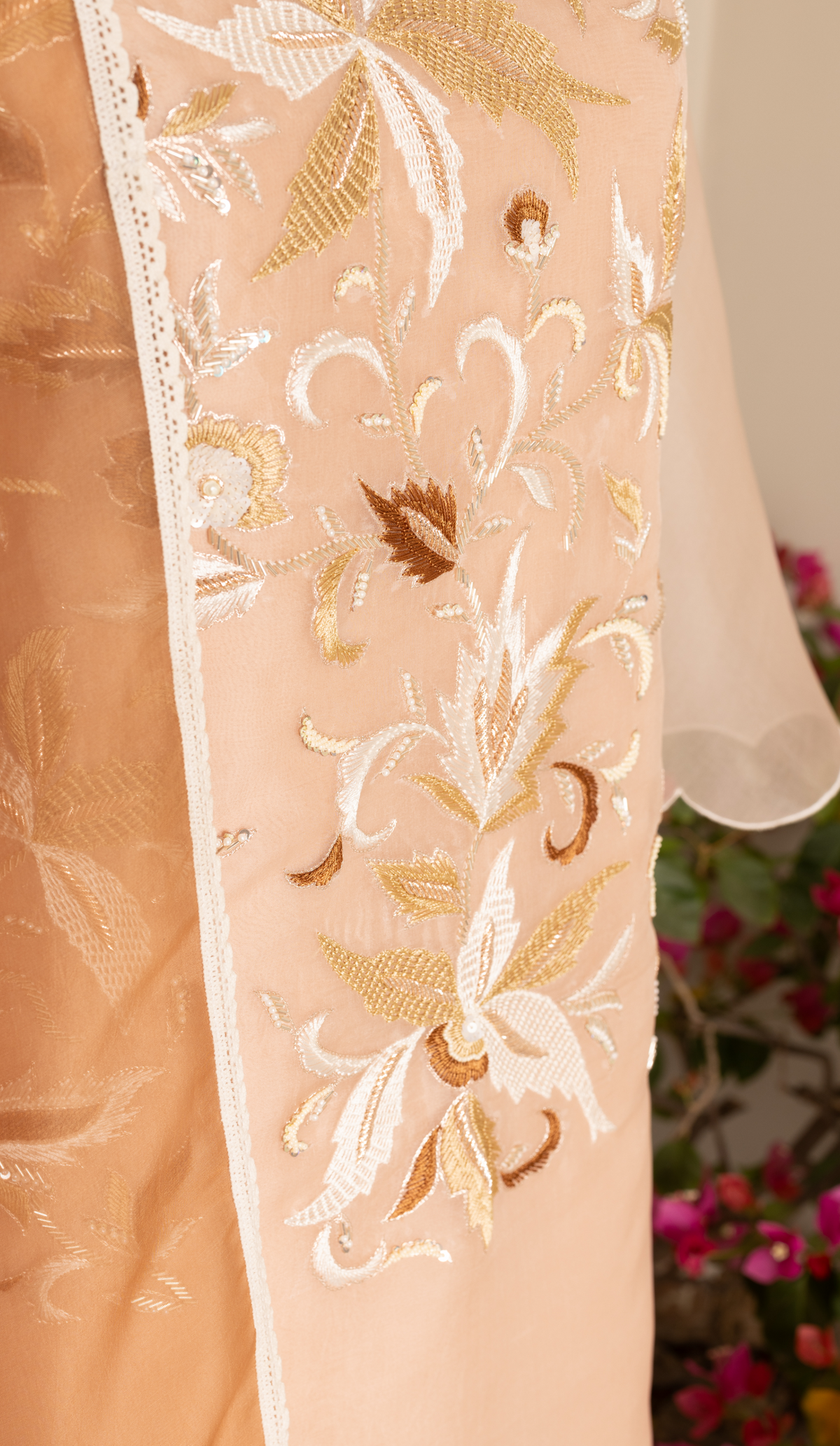 Salmon Organza Suit with Embroidered Yoke