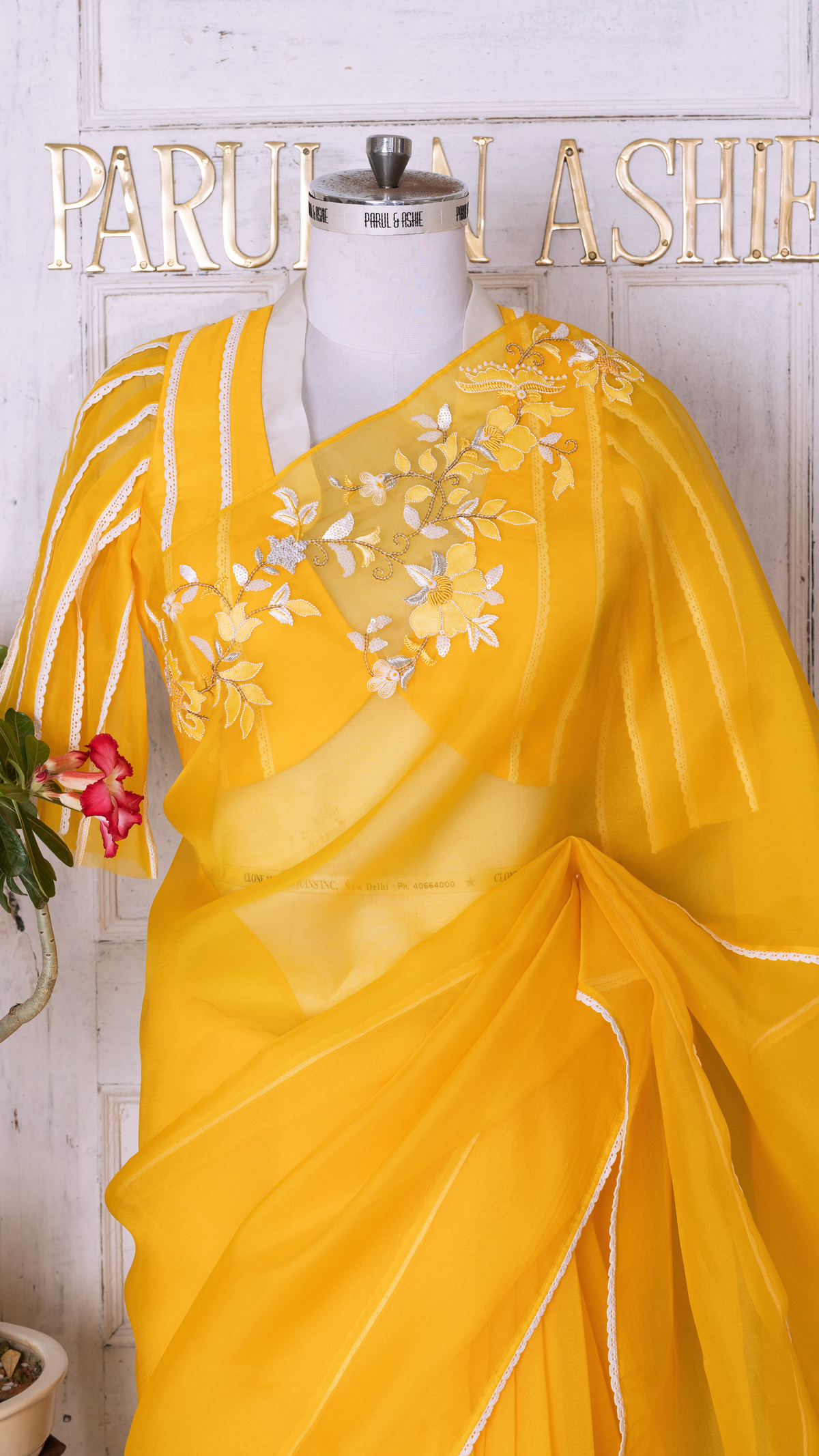 Yellow Organza Saree with Lace Detailing