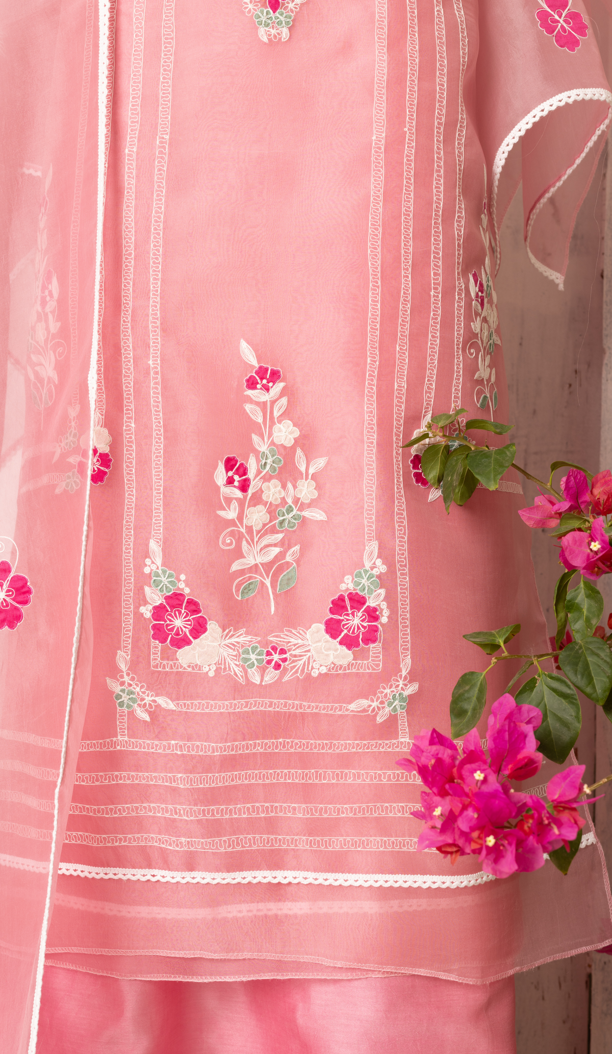 Stitched Pink Organza Suit with Cord Work & Applique