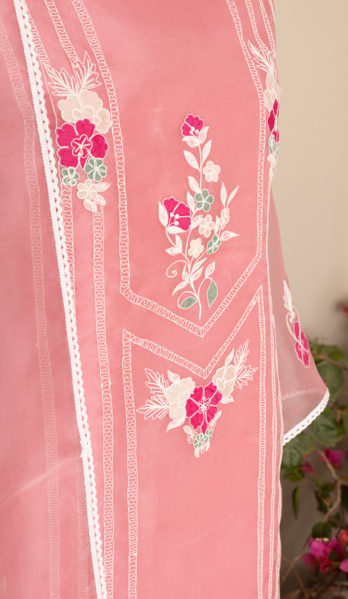 Stitched Pink Organza Suit with Cord Work & Applique