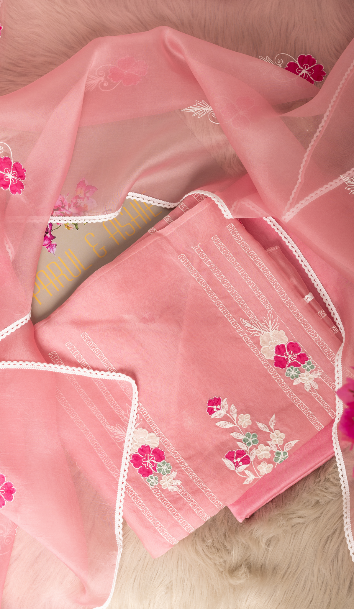 Stitched Pink Organza Suit with Cord Work & Applique