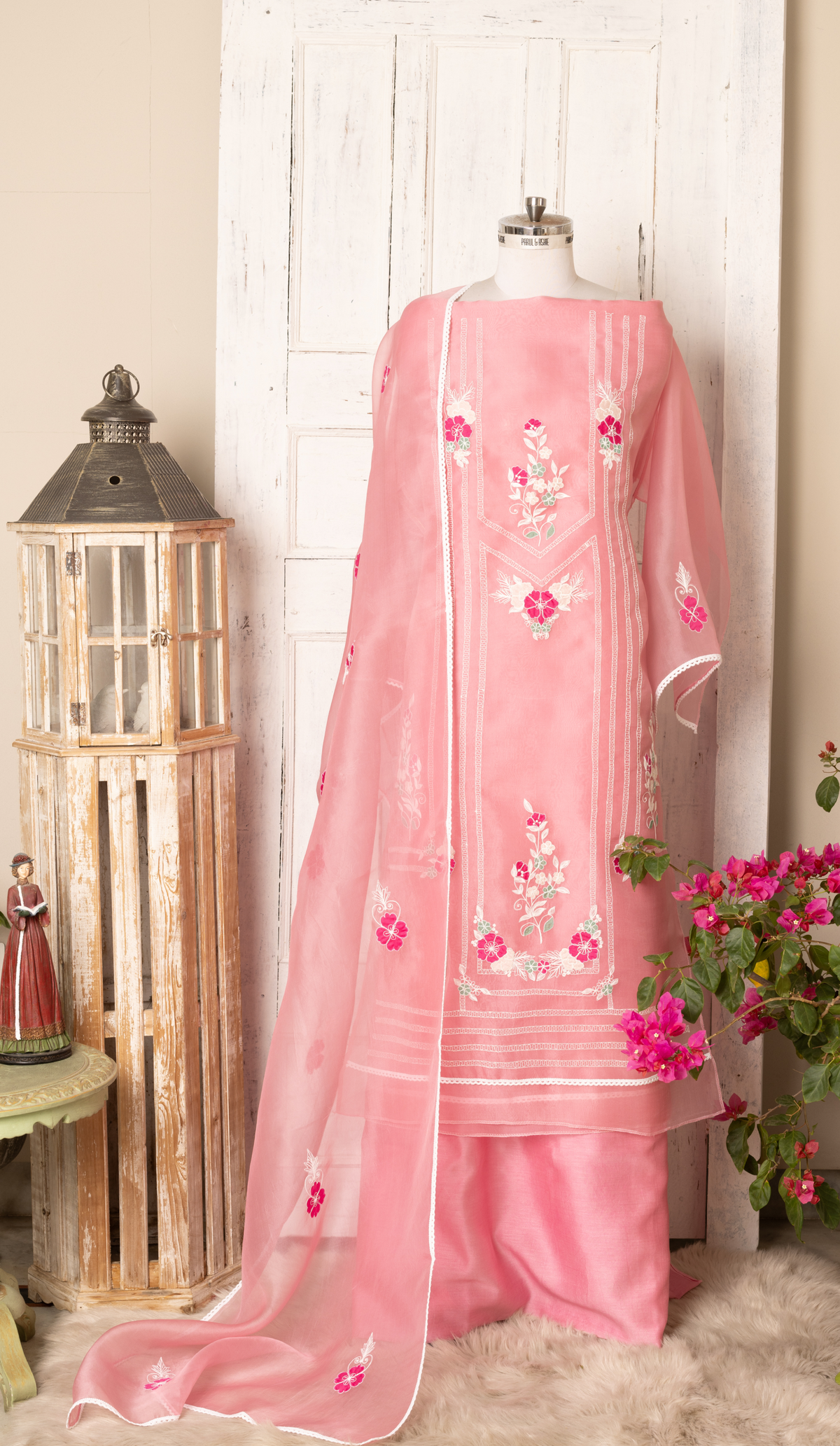 Stitched Pink Organza Suit with Cord Work & Applique