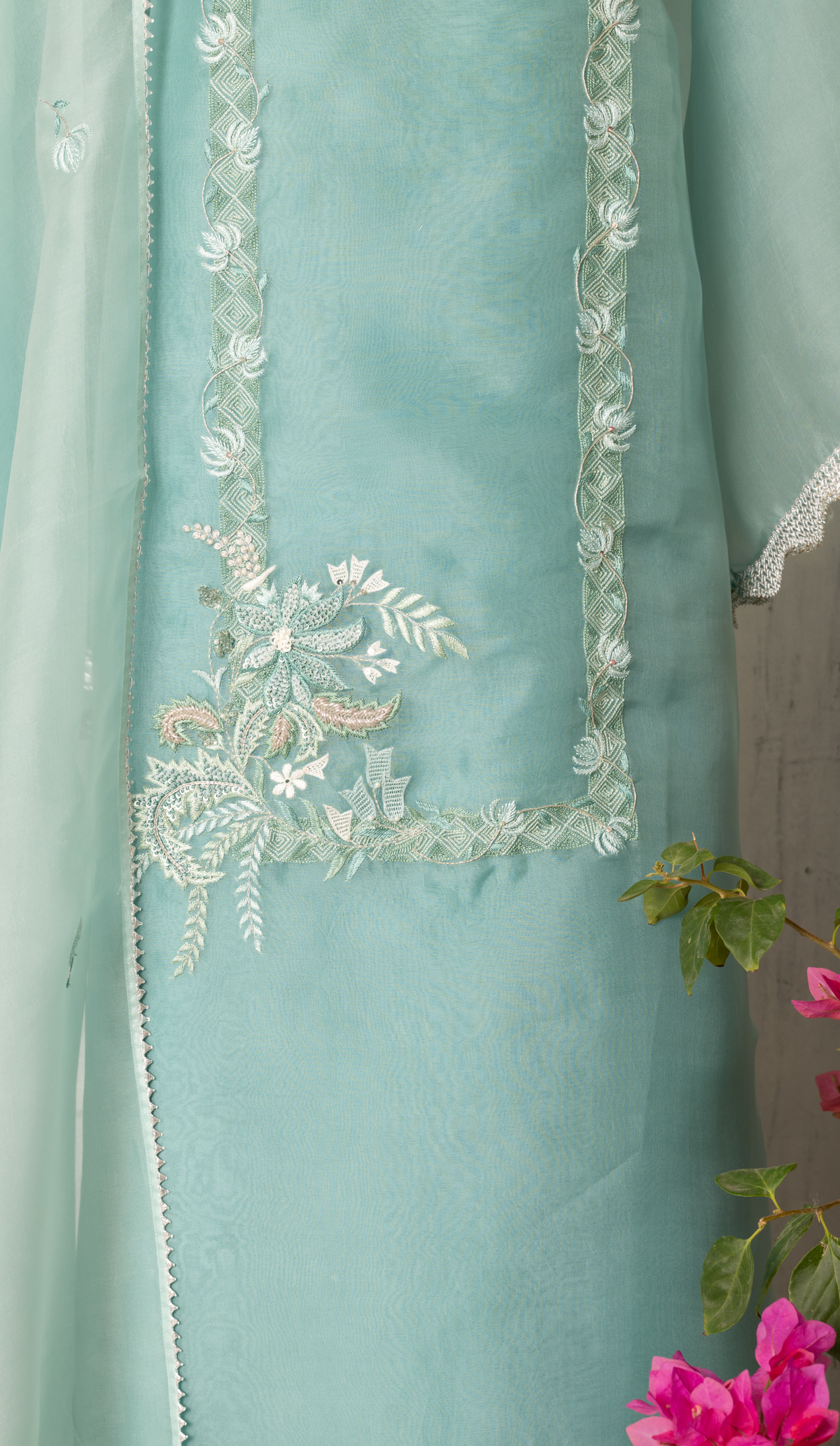 Aqua Organza Suit with Floral Shaded Dupatta