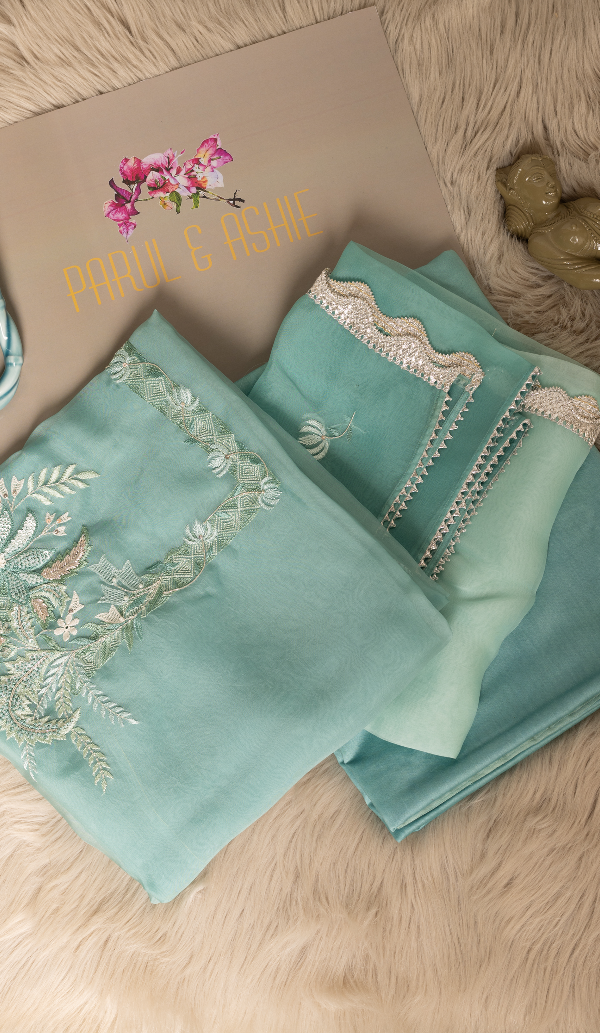 Aqua Organza Suit with Floral Shaded Dupatta
