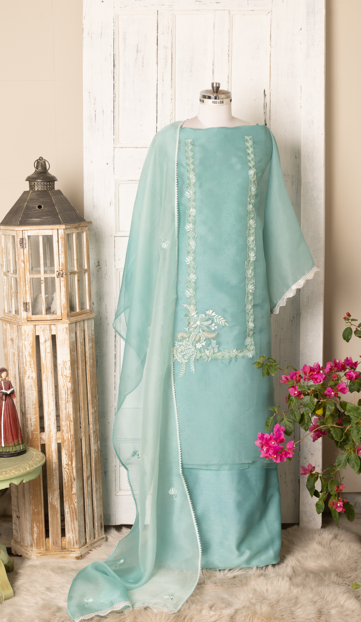 Aqua Organza Suit with Floral Shaded Dupatta