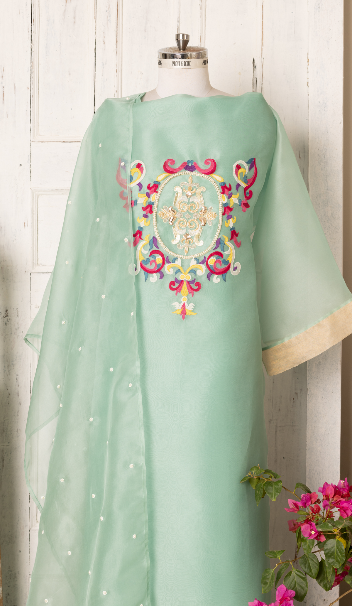 Stitched Sage Green Organza Suit with Tissue Panel Dupatta