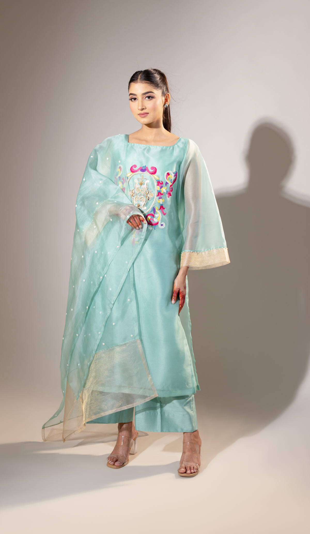 Stitched Sage Green Organza Suit with Tissue Panel Dupatta