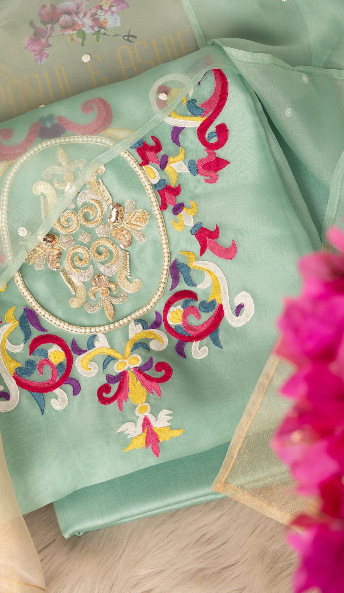 Stitched Sage Green Organza Suit with Tissue Panel Dupatta