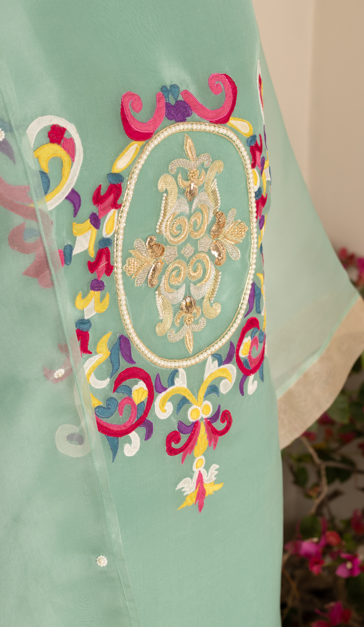 Stitched Sage Green Organza Suit with Tissue Panel Dupatta