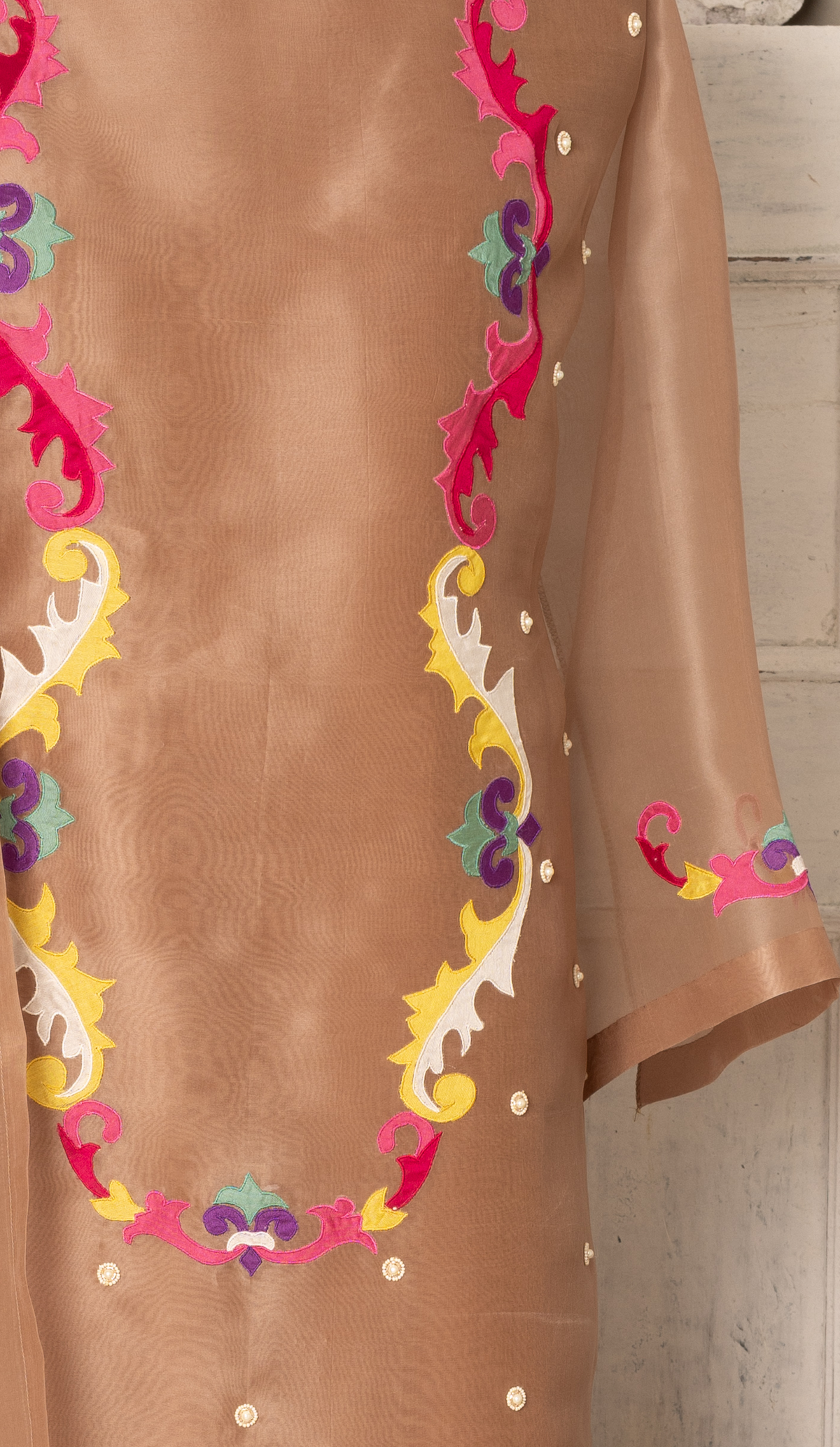 Mocha Organza Suit with Applique Yoke & Tissue Panel