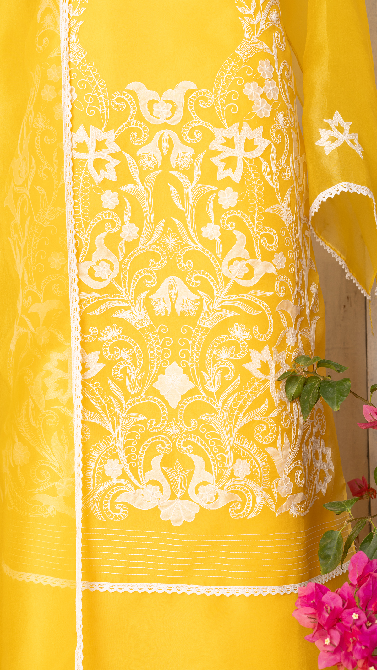 Yellow Hand-Appliquéd Silk Organza Unstitched Suit Set