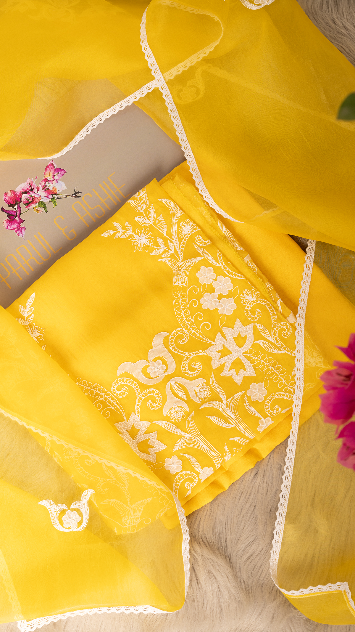 Yellow Hand-Appliquéd Silk Organza Unstitched Suit Set