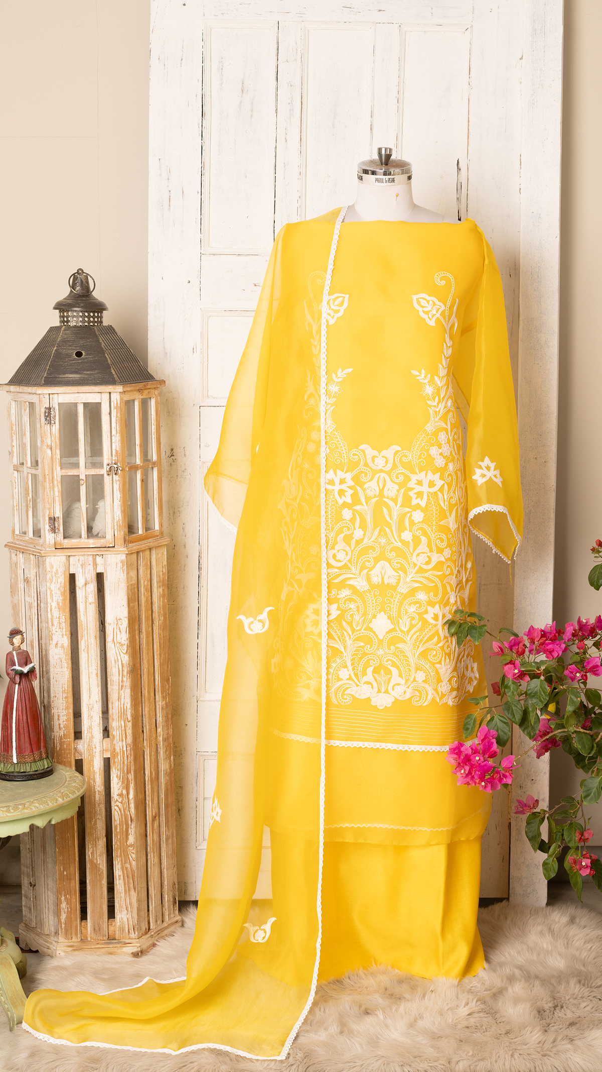 Yellow Hand-Appliquéd Silk Organza Unstitched Suit Set