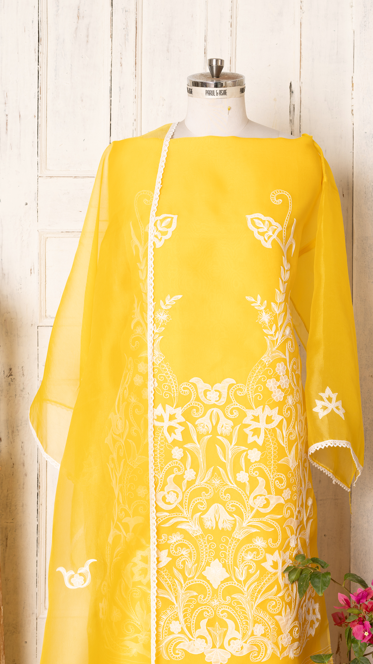 Yellow Hand-Appliquéd Silk Organza Unstitched Suit Set