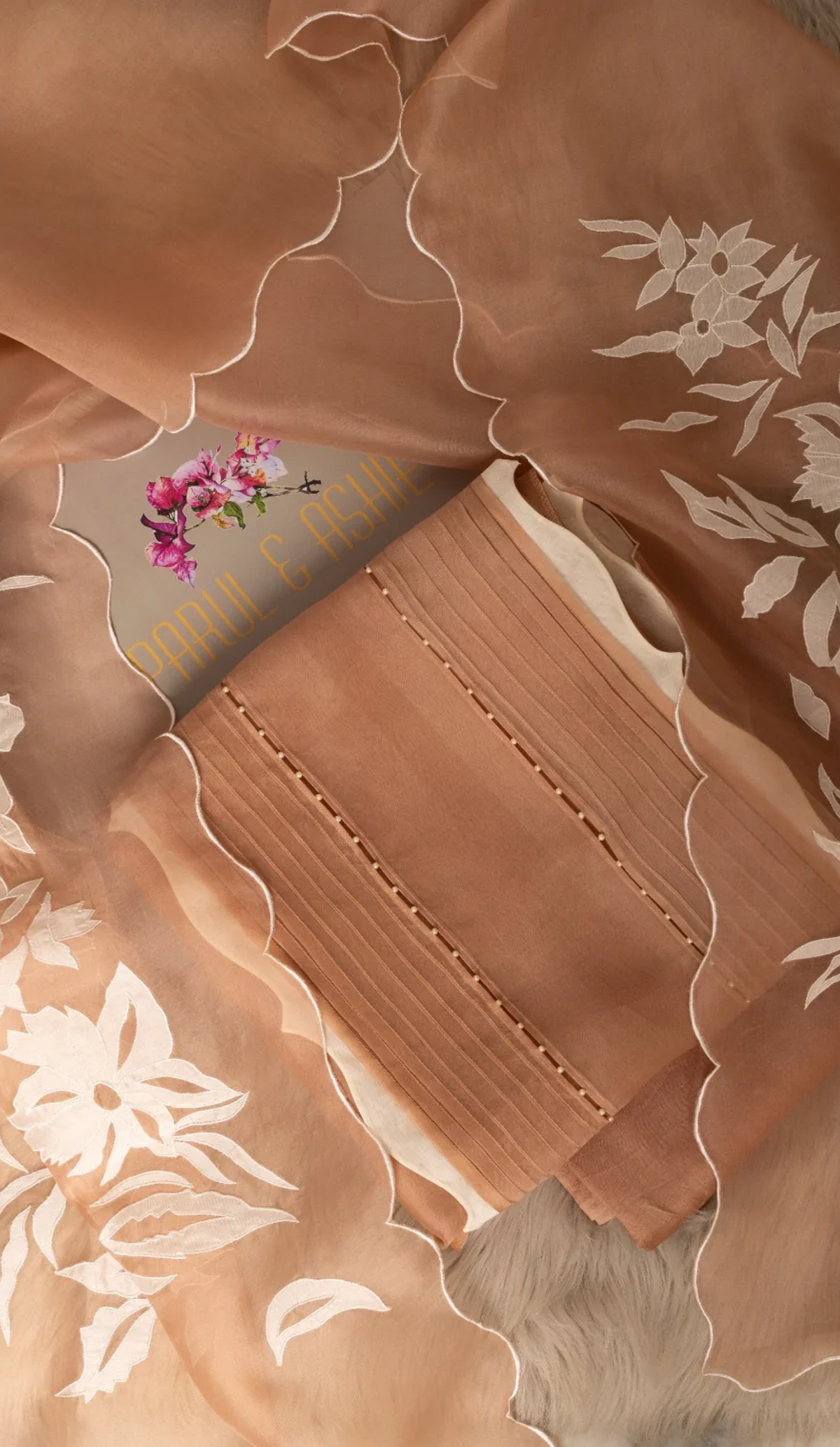 Taupe Textured Organza Suit with Ivory Lowers
