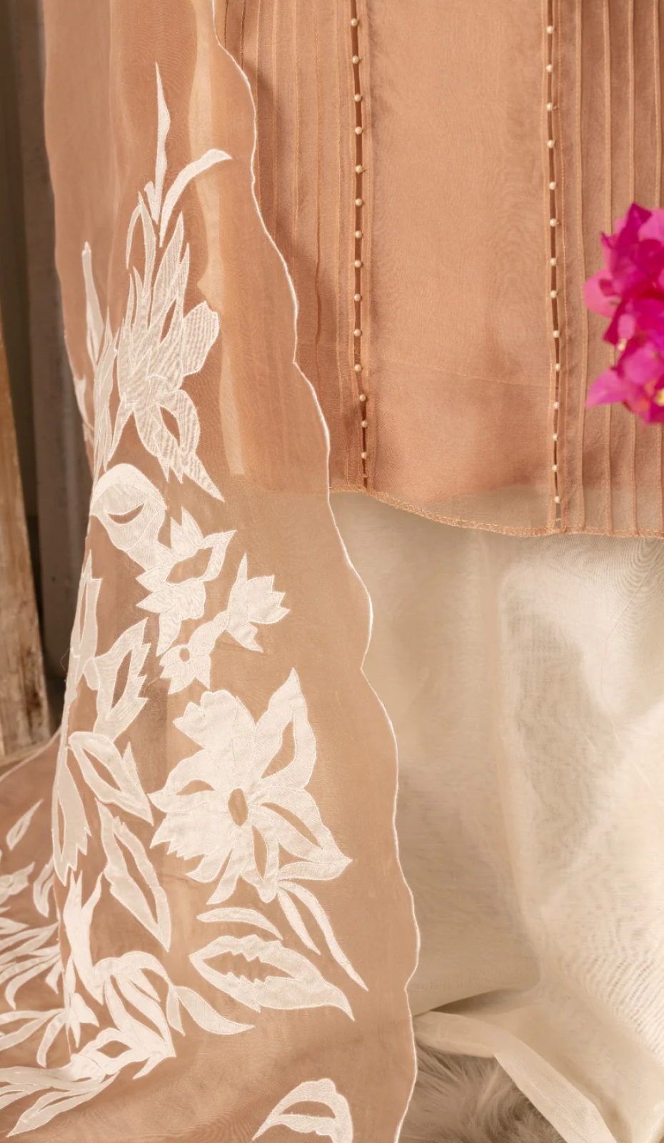 Taupe Textured Organza Suit with Ivory Lowers