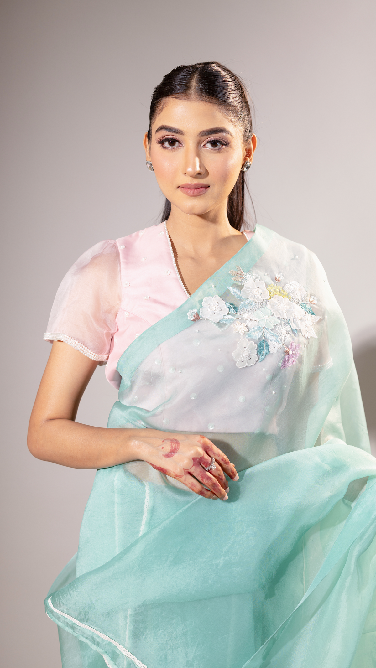 Sage Green Saree with Cutwork and Lace Insertion