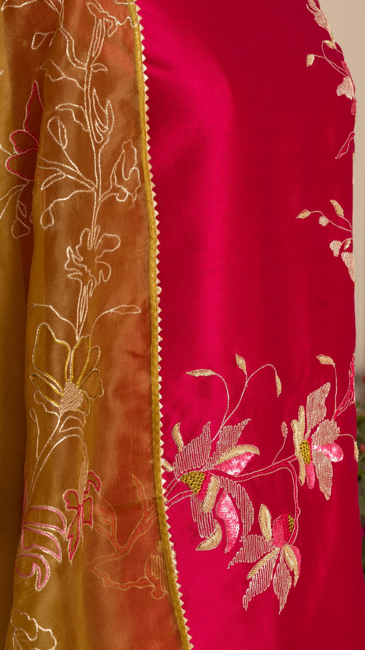 Fuchsia Chanderi Suit Set with Embroidered Olive Organza Dupatta
