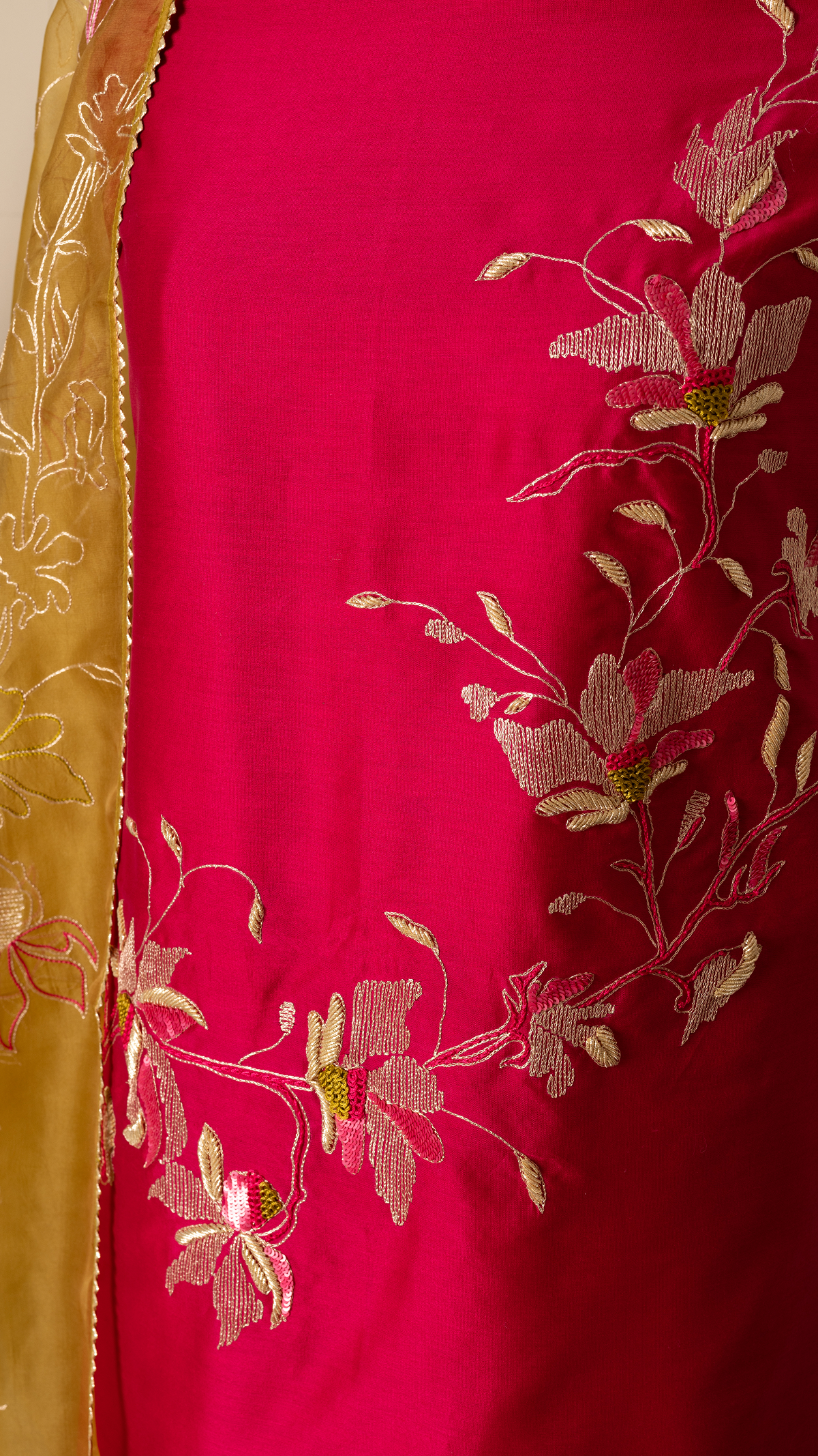 Fuchsia Chanderi Suit Set with Embroidered Olive Organza Dupatta
