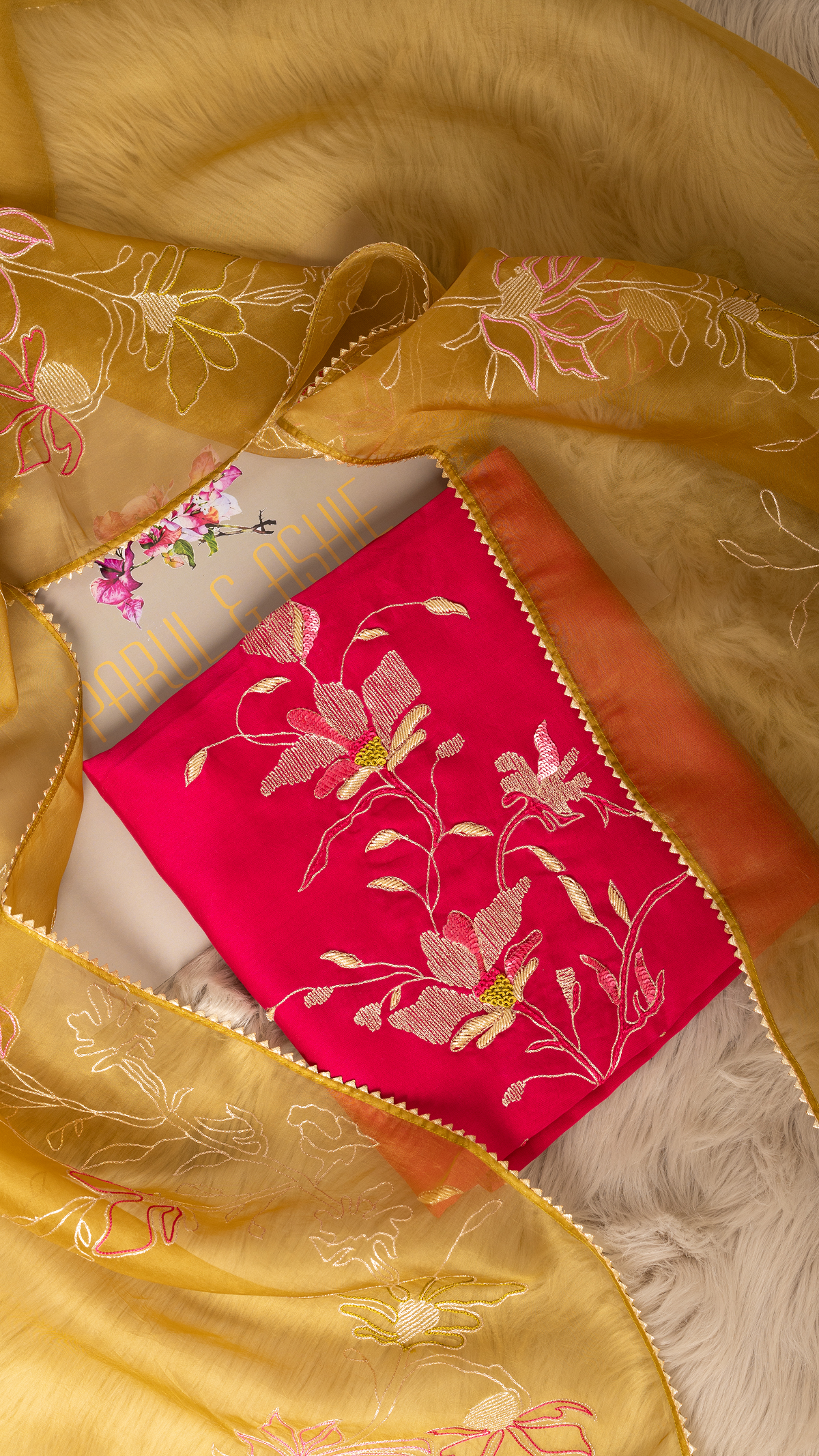 Fuchsia Chanderi Suit Set with Embroidered Olive Organza Dupatta
