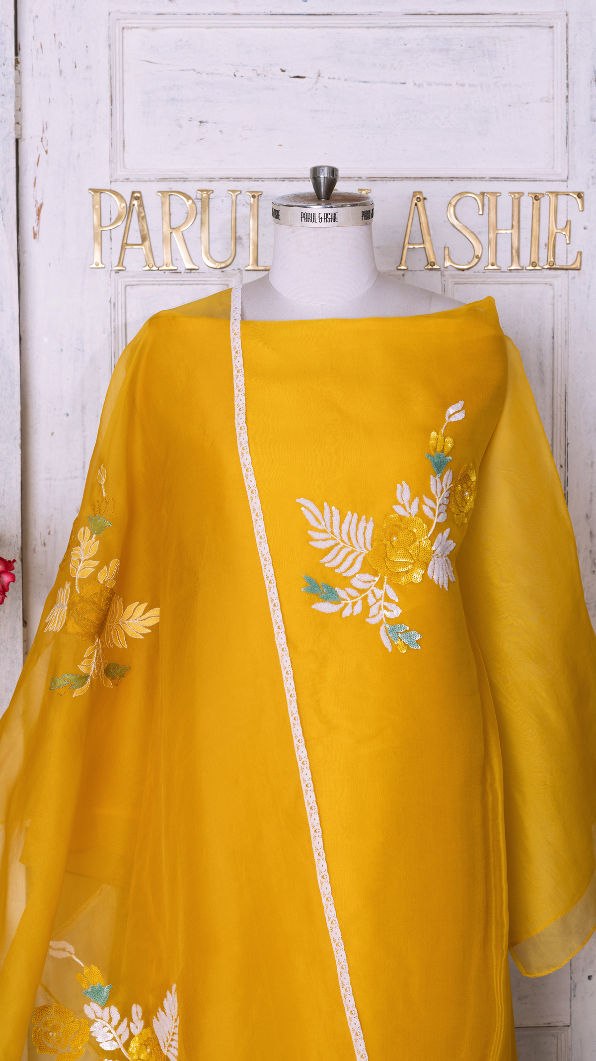 Yellow Organza Suit Set with Shadow and Sequins Embroidery