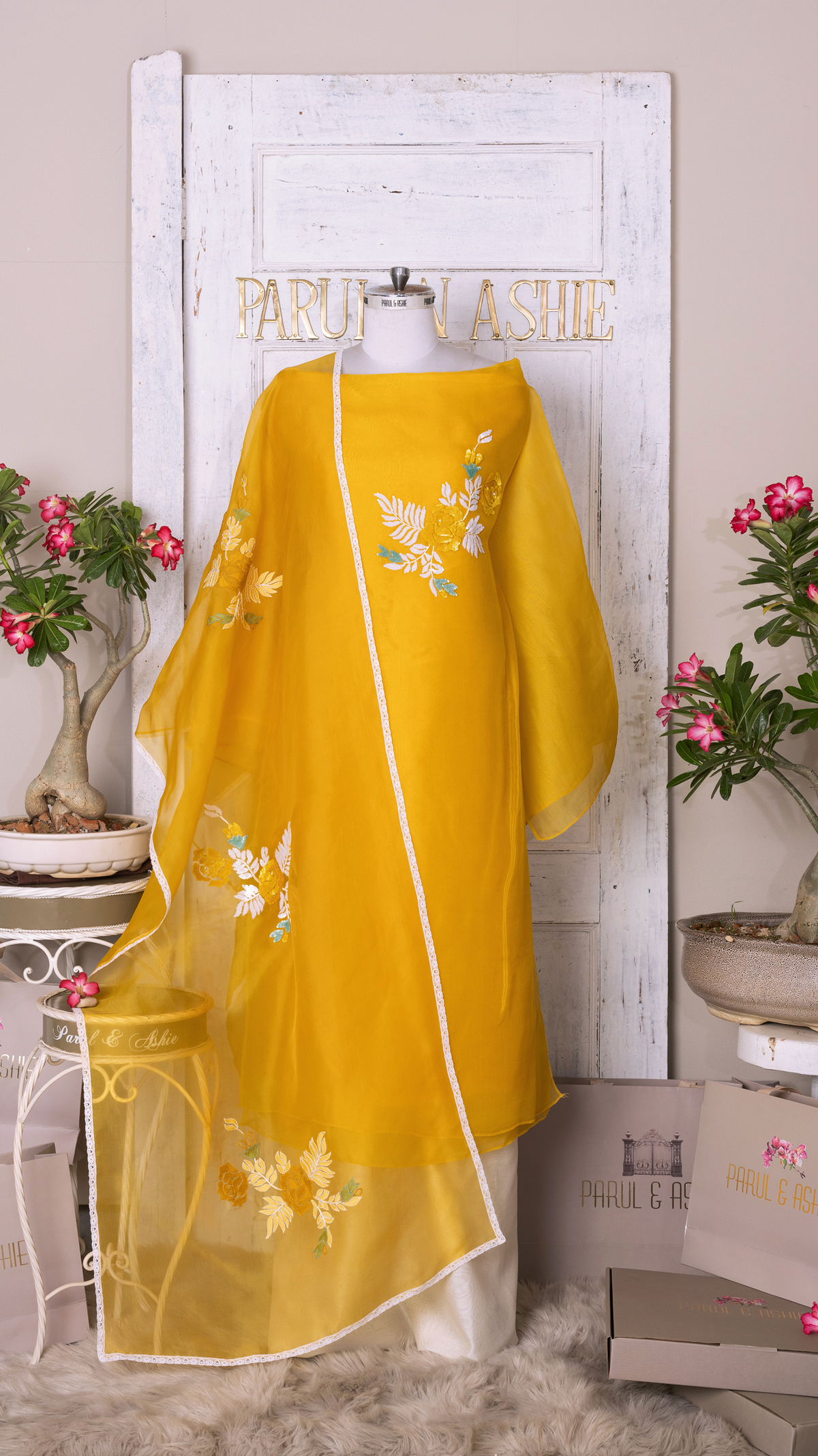 Yellow Organza Suit Set with Shadow and Sequins Embroidery