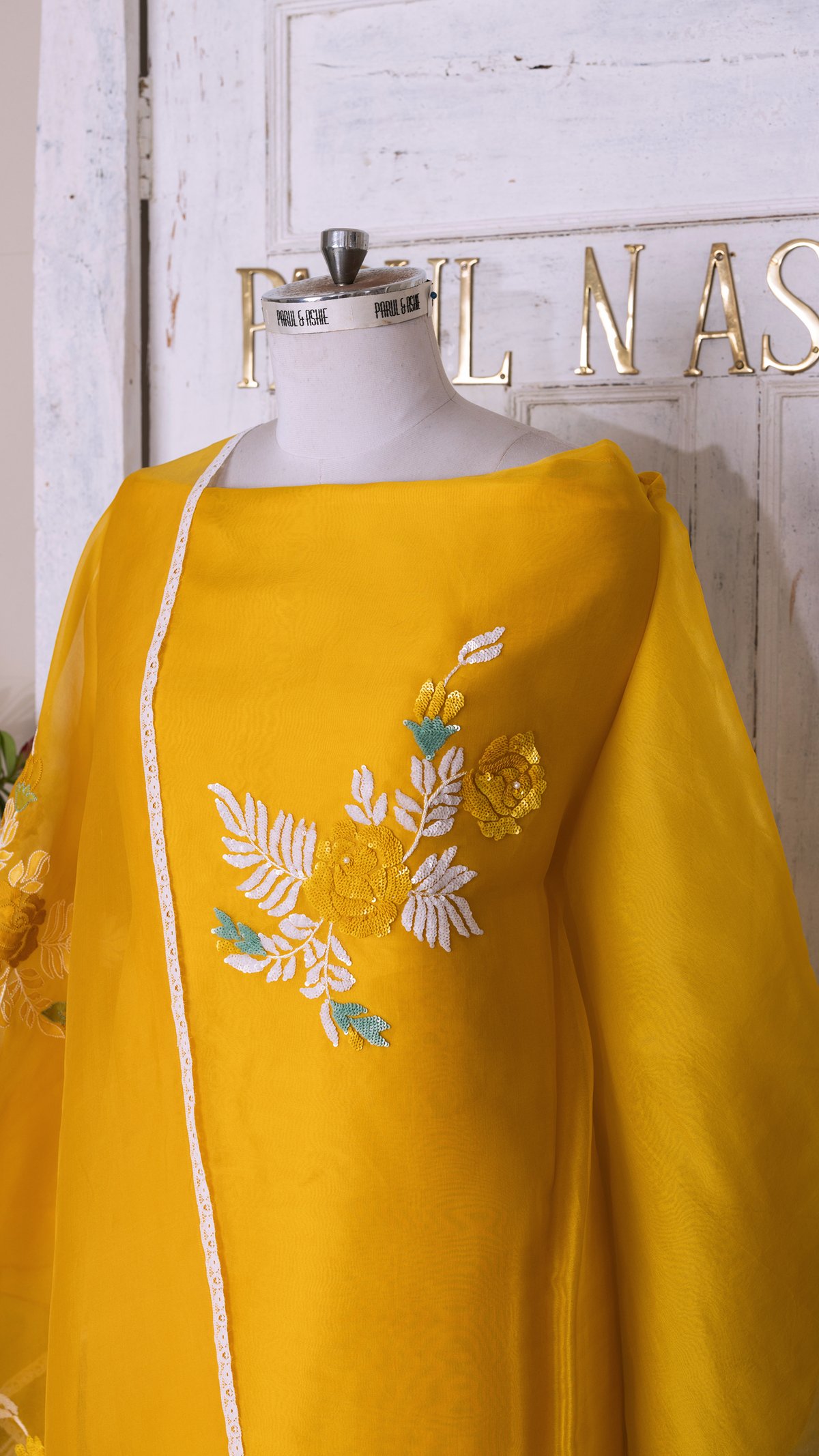 Yellow Organza Suit Set with Shadow and Sequins Embroidery