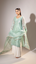 Sage Green Organza Suit Set with Sequins and Shadow Work