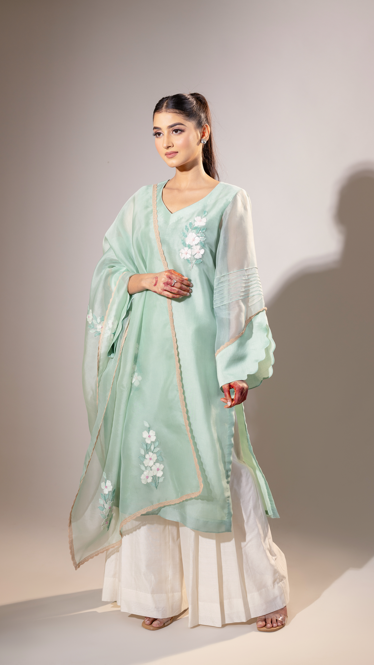 Stitched Sage Green Organza Suit Set with Sequins and Shadow Work