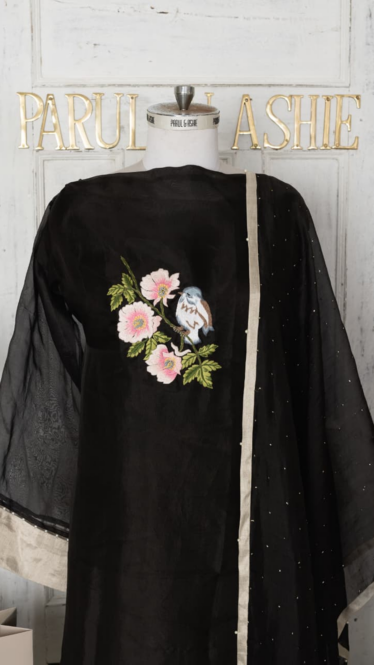 Stitched Black Organza Hand-Embroidered Suit Set with Floral & Bird Motifs