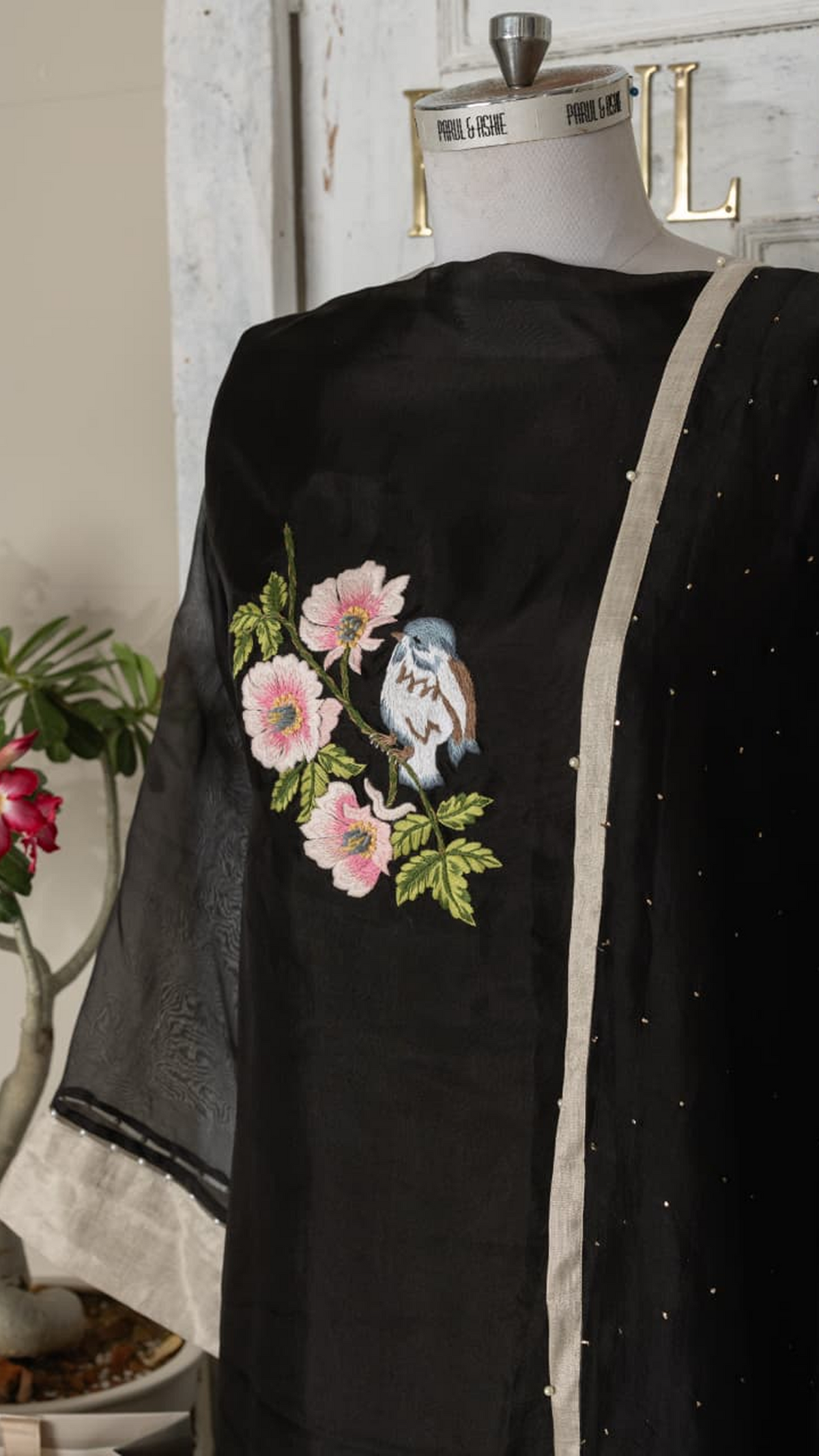 Stitched Black Organza Hand-Embroidered Suit Set with Floral & Bird Motifs