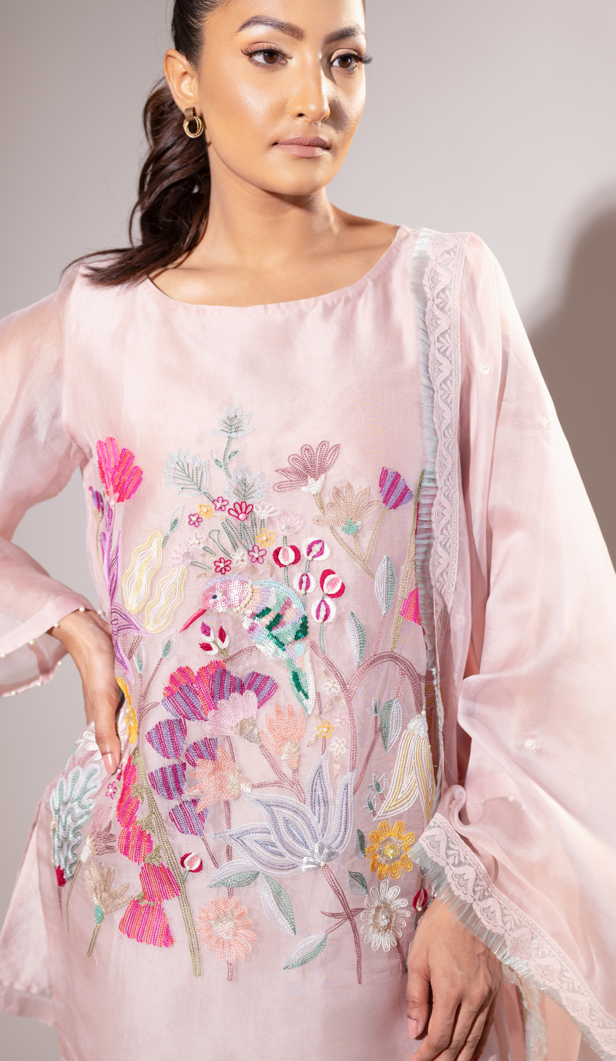 Blush Pink Hand-Embroidered Organza Suit Set with Bird Motifs