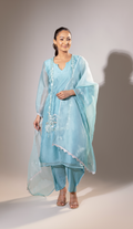 Aqua Organza Suit with Floral Shaded Dupatta