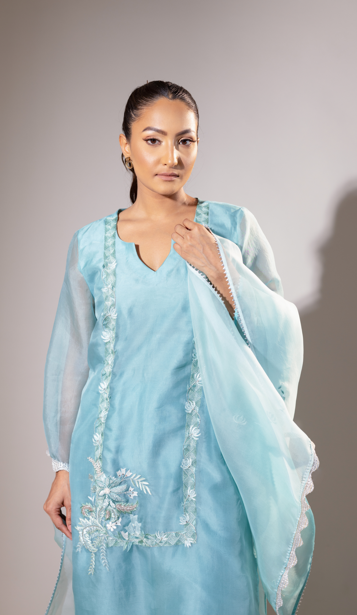 Aqua Organza Suit with Floral Shaded Dupatta