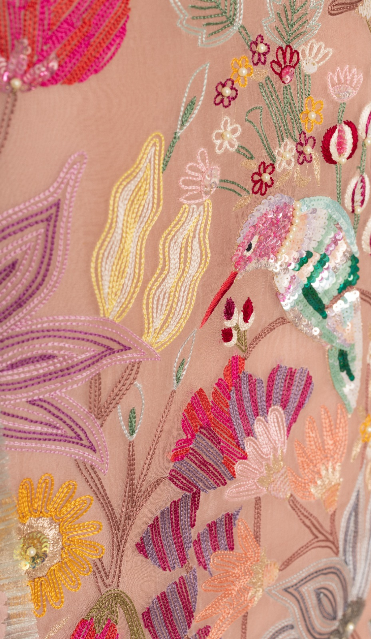 Blush Pink Hand-Embroidered Organza Suit Set with Bird Motifs