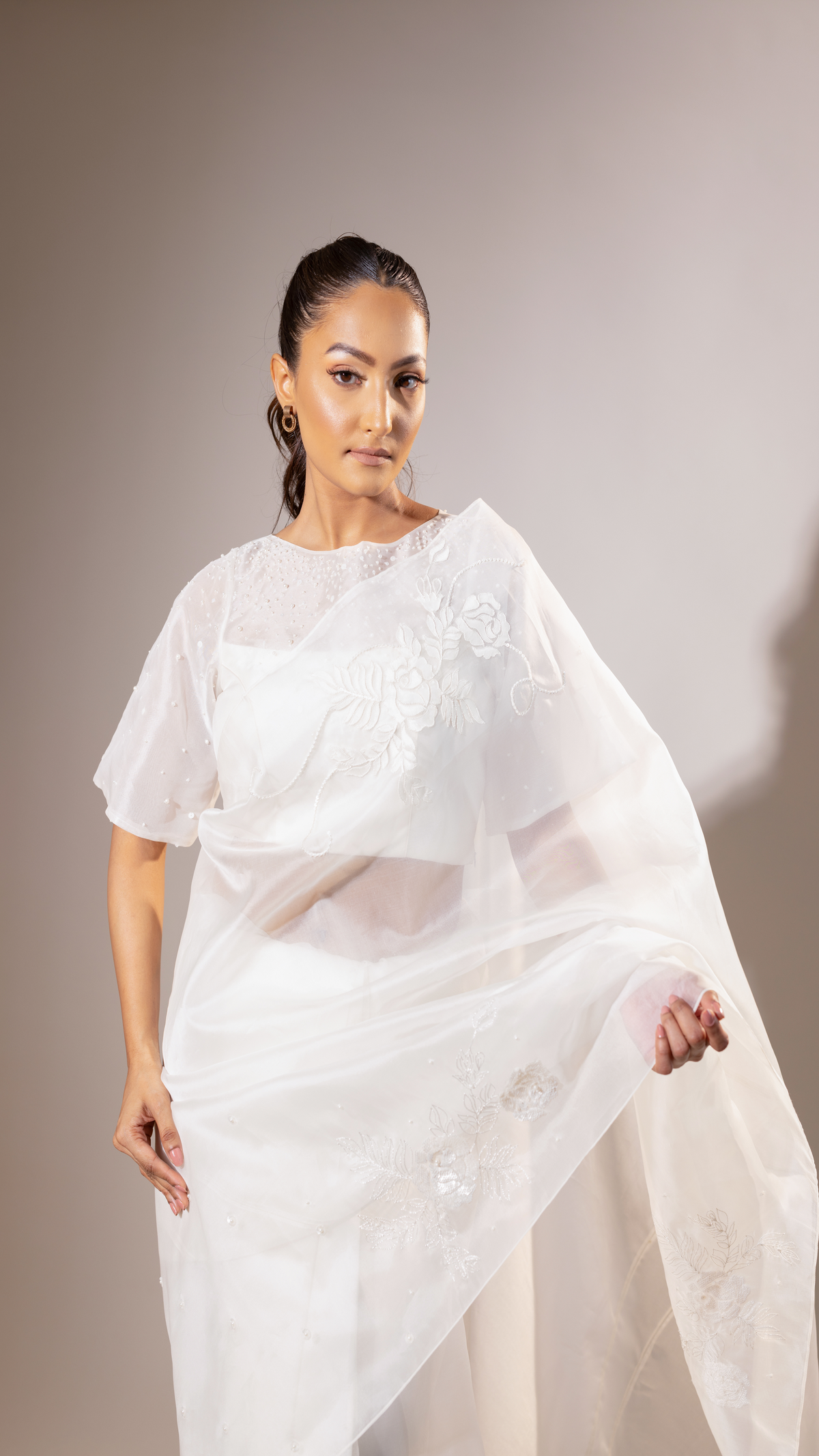 White Organza Saree with Shadow and Sequin Embroidery