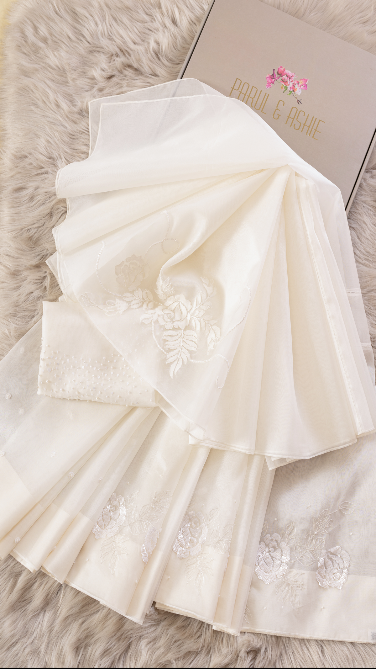 White Organza Saree with Shadow and Sequin Embroidery