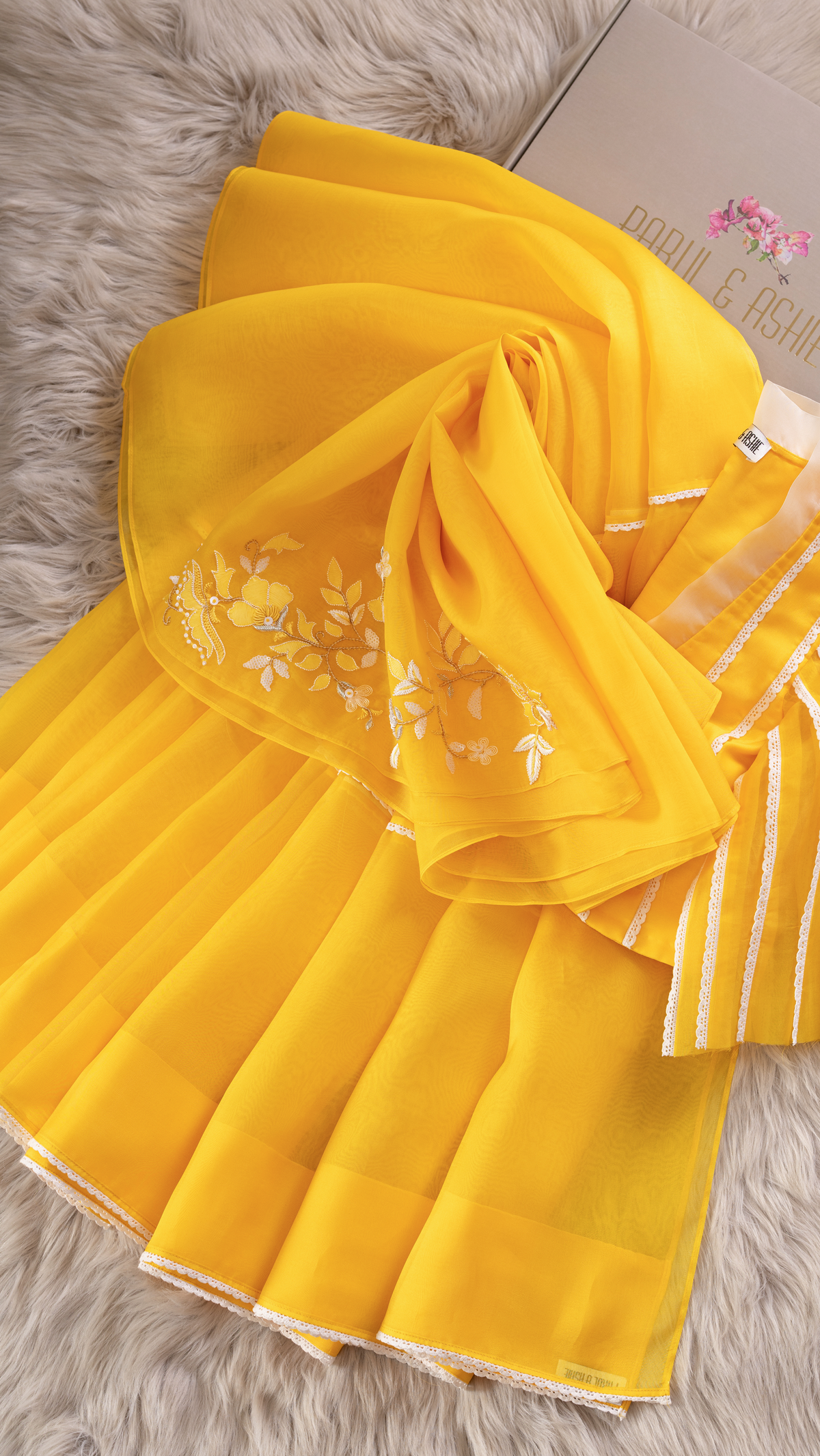 Yellow Organza Saree with Lace Detailing