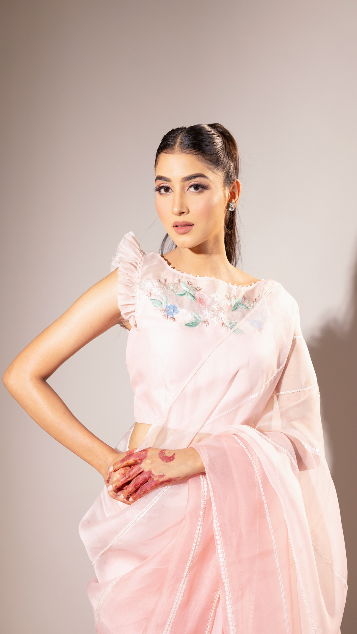 Pink Shaded Sequin Striped Saree