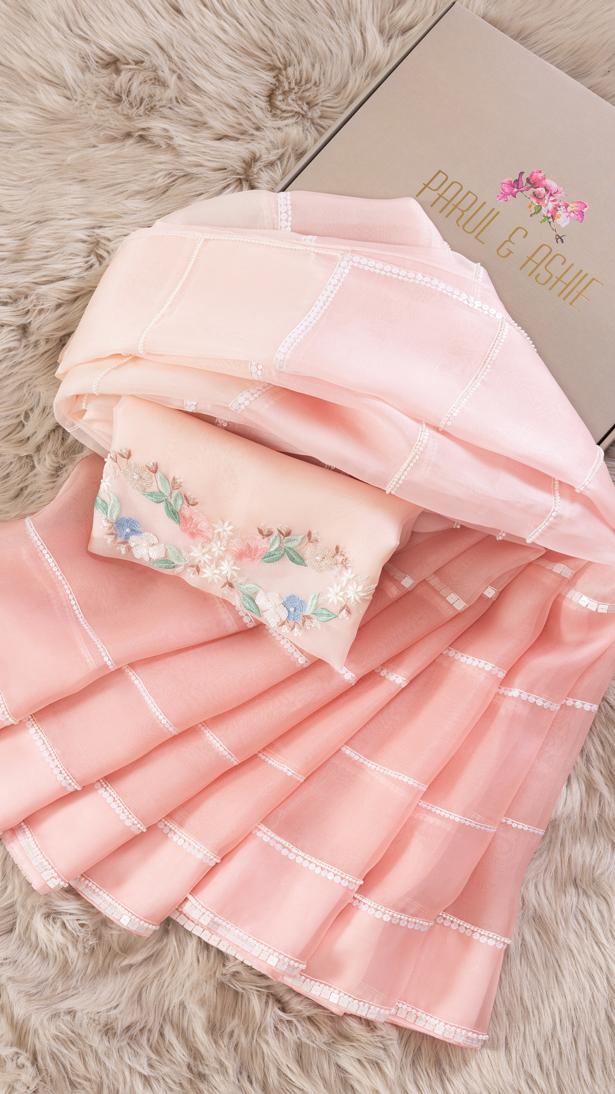 Pink Shaded Sequin Striped Saree