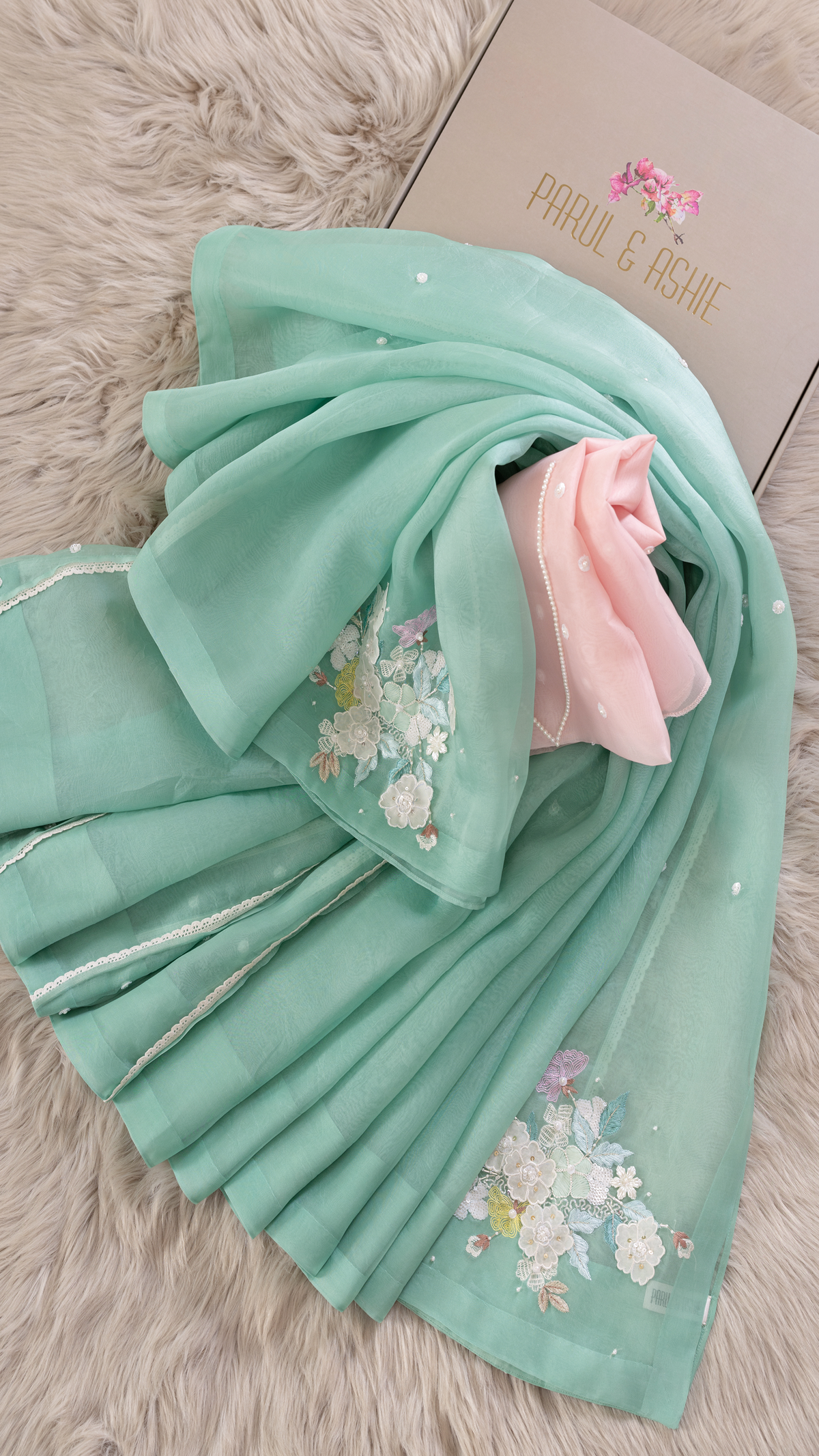 Sage Green Saree with Cutwork and Lace Insertion