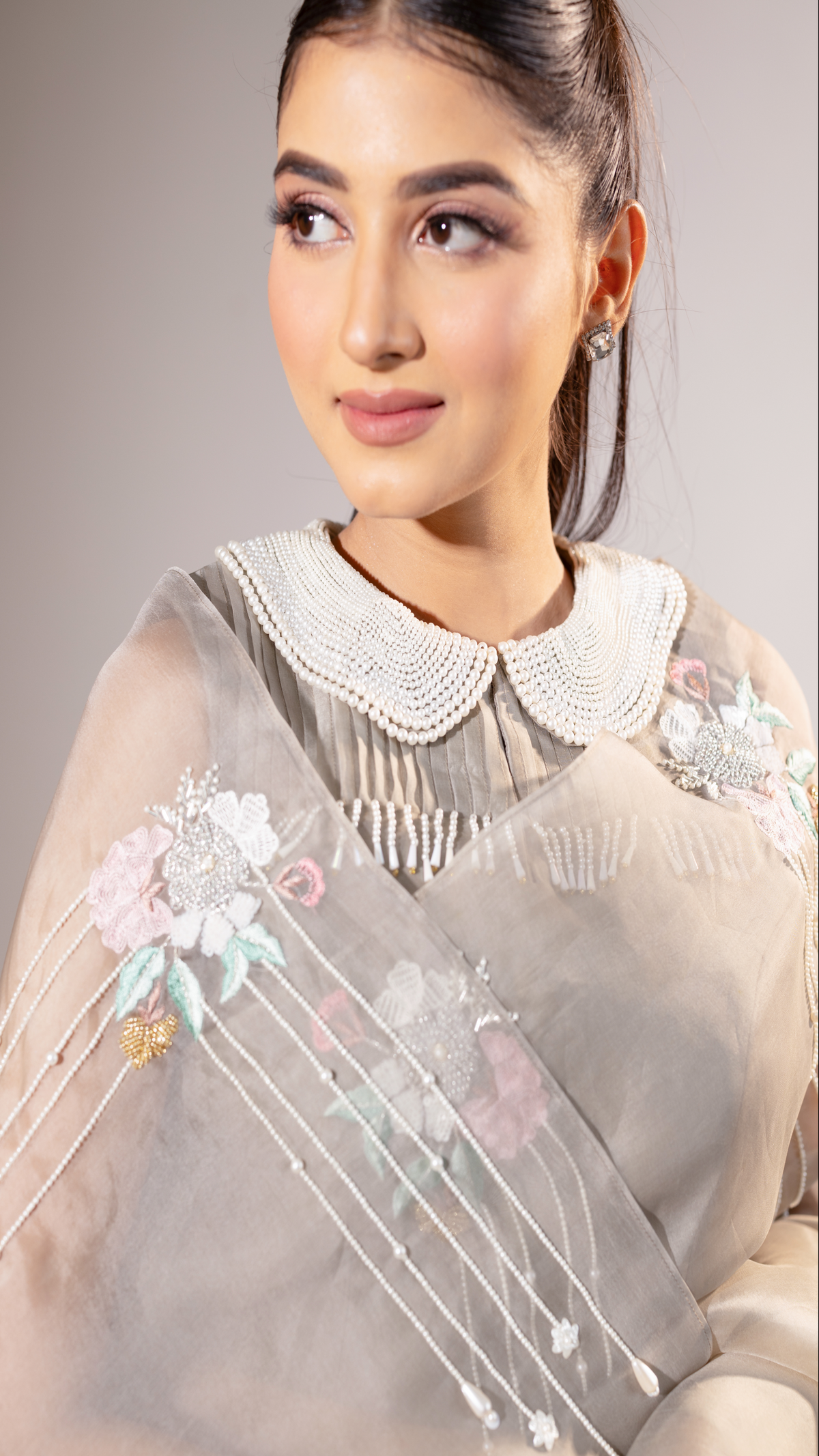 Earthy Grey Organza Saree with Thread and Bead Work