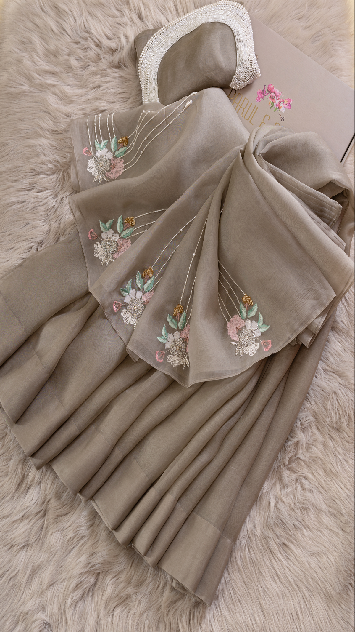 Earthy Grey Organza Saree with Thread and Bead Work